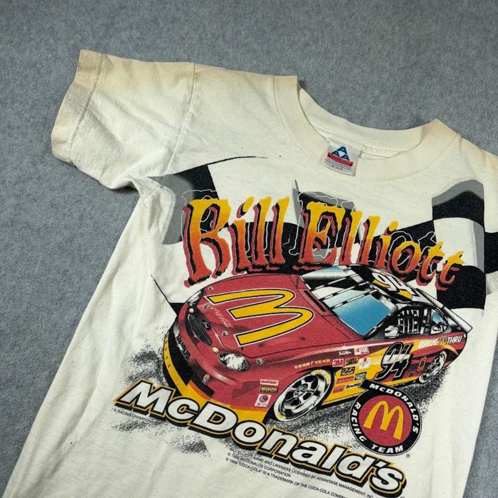 VTG 90's Bill Elliott McDonalds Racing T-Shirt  Kids Medium 10-12 Cream AAA
